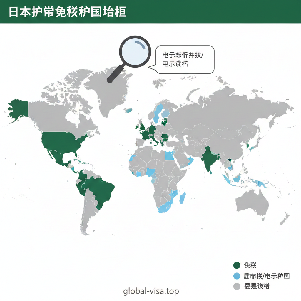 一张扁平化风格的全球地图指南图片，用于展示免签区域分布。地图上用深绿色高亮显示日本护照免签的国家（如欧美、东南亚），浅蓝色显示落地签国家，灰色显示需签证国家。地图上方悬浮着放大镜图标和‘eTA/eVisa’的提示标签，视觉风格清晰、专业，帮助用户直观理解不同区域的签证政策差异。