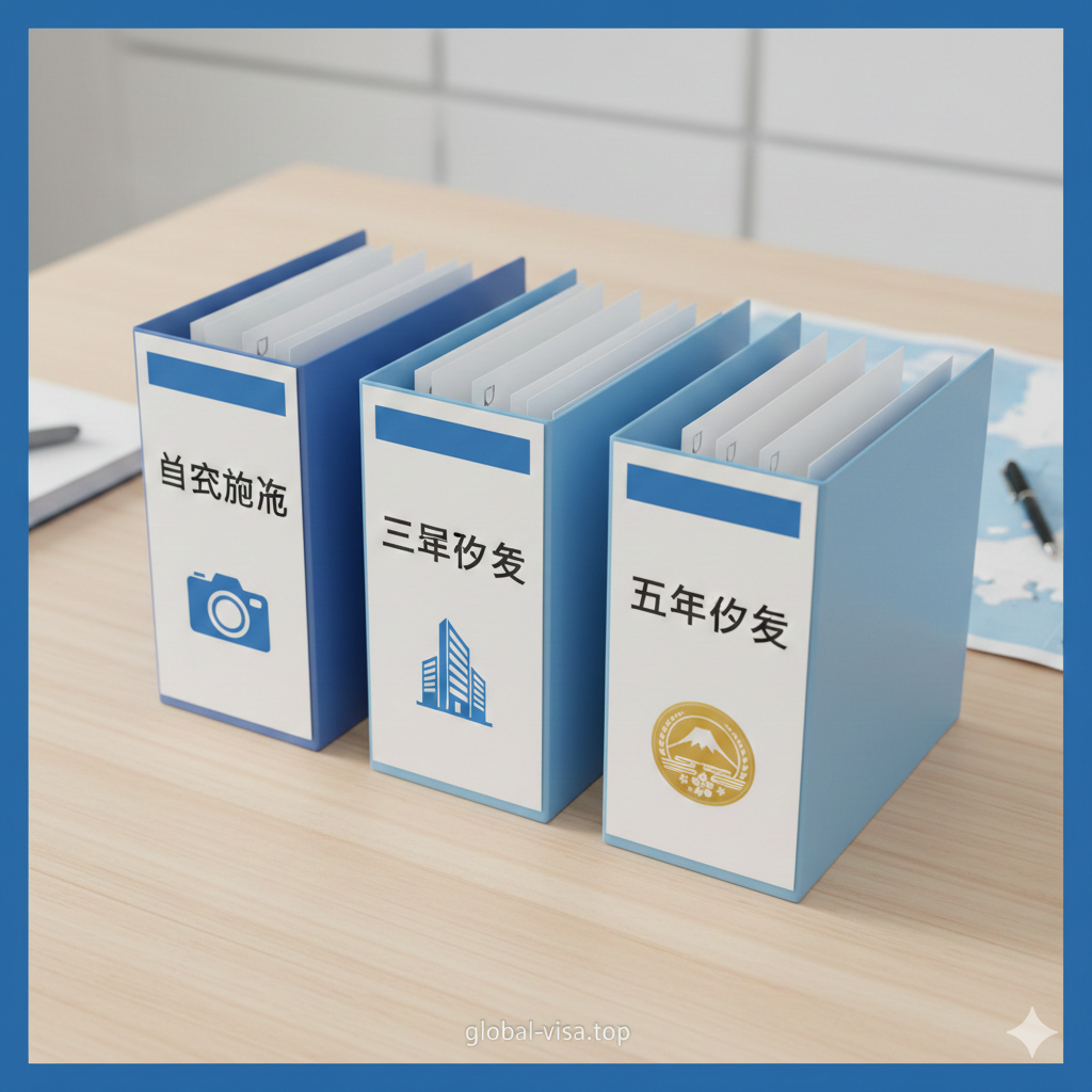 展示日本短期停留签证种类的概念图。画面中心是一个整洁的木质桌面,上方摆放着三份分类清晰的文件档案,分别标记着“单次旅游”、“三年多次”和“五年多次”的标签。每份档案旁配有对应的具象化图标(如相机代表旅游、商务楼代表商务、金色徽章代表高净值人群)。构图采用俯视视角,色彩明快清新,使用蓝色和白色作为主色调,体现政策解读的清晰度与条理性,帮助用户快速区分不同签证类型。