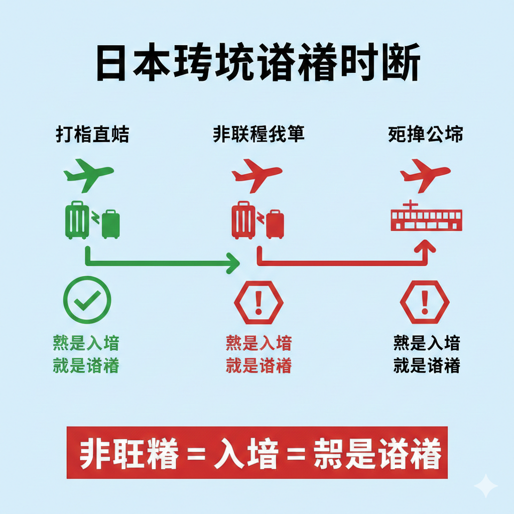 一张扁平化风格的信息图示，用于展示核心判断逻辑。画面中包含“行李直挂”、“非联程机票”、“更换机场”三个场景的图标。行李直挂路径标记为绿色通畅，而非联程和换机场路径标记为红色警告符号。视觉风格简洁清晰，重点突出“非联程=入境=需要签证”的概念，帮助用户快速自测。