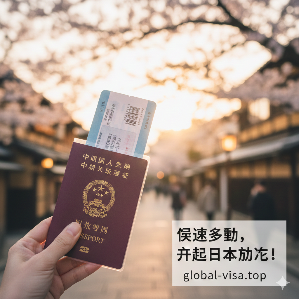 充满期待感的总结性图片,展示签证办理成功后的旅行愿景。画面前景是一只手拿着护照和登机牌,背景是虚化的日本京都古街道或樱花盛开的公园,光线温暖且充满希望(Golden Hour)。护照中夹着一张清晰的日本入境卡一角。整体氛围轻松愉悦,旨在激发读者的行动力,配合文章结尾的“快速行动召唤”,鼓励用户立即联系办理,开启日本之旅。