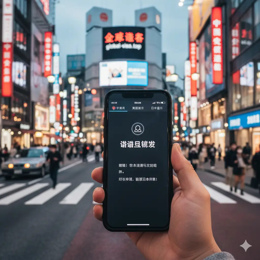 一张充满成就感的总结图。画面展示一只手拿着手机，屏幕上显示着‘Visa Issued’（签证已签发）的确认界面，背景是繁忙但有序的东京银座街头或成田机场候机厅。色彩丰富且富有活力，构图采用第一人称视角，激发读者立即开始申请并展开日本之旅的动力。