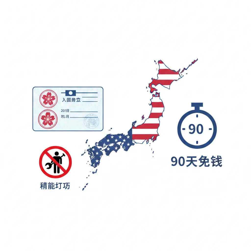 一张扁平化插画风格的图片，展示日本地图和美国国旗元素的融合。画面中包含代表90天免签的时钟图标、盖有入国审查印章的证件元素，以及禁止打工的警示图标。色彩使用清爽的蓝、白、红三色，构图对称，清晰地传达出针对美国公民的日本免签政策核心限制与规定。