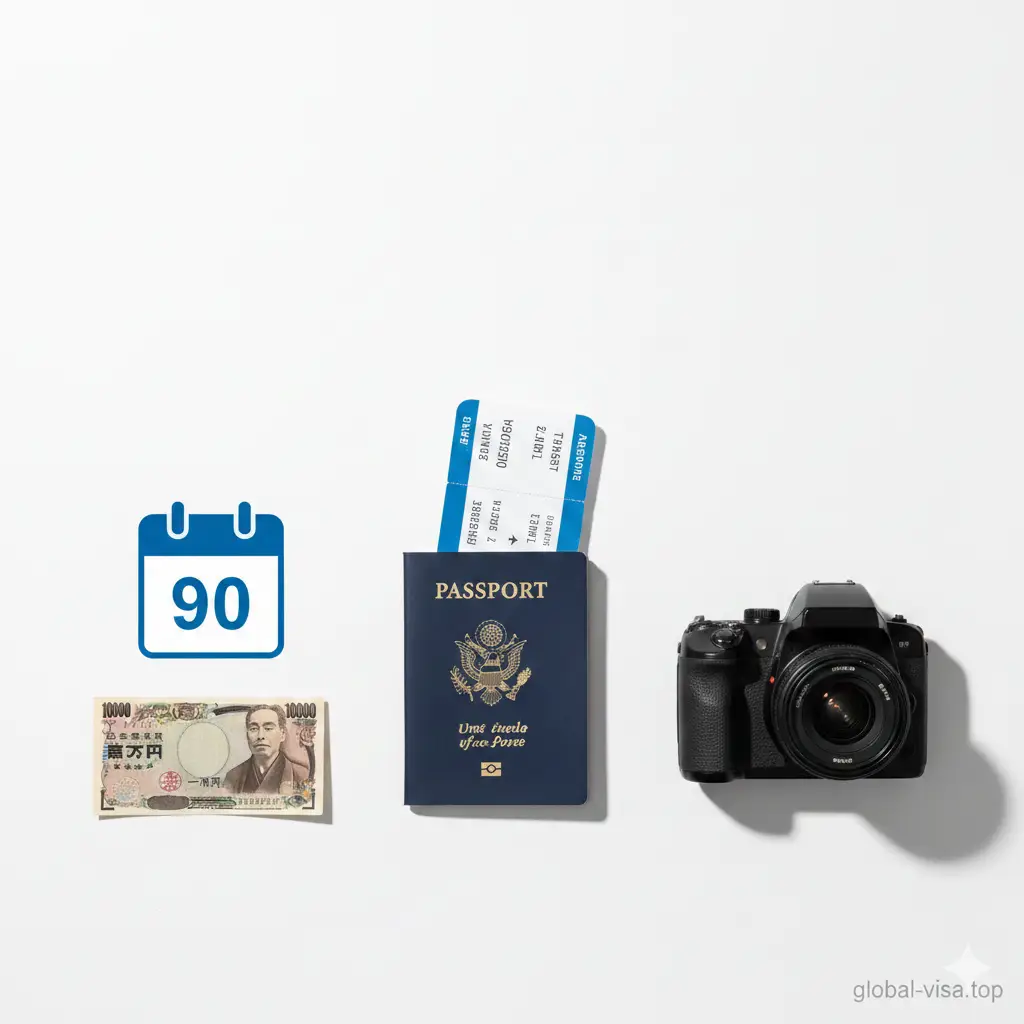 A clean and organized flat lay design showing travel essentials for a trip to Japan. Elements include a US passport, an airplane boarding pass showing a flight from Los Angeles to Tokyo, a digital camera, and a Japanese Yen banknote. A calendar icon with the number '90' is highlighted to represent the 90-day visa-free stay.