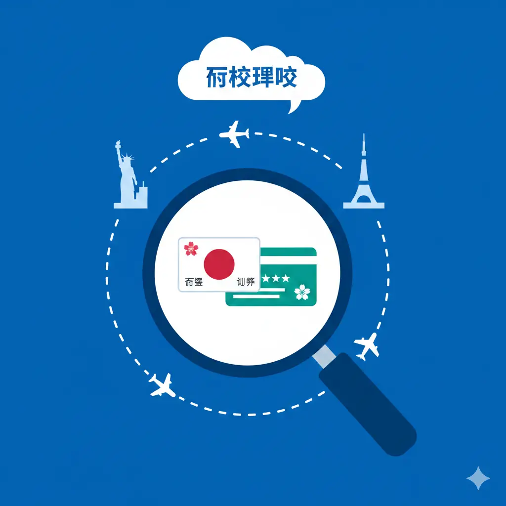 一张现代感十足的扁平化插画。画面中心是一个放大的放大镜，透过放大镜可以看到日本签证和美国绿卡的符号。周围环绕着简化的飞机航线、日本地标（如东京塔）和美国地标（如自由女神像）的轮廓。色调以 global-visa.top 的品牌蓝和白色为主，视觉重点突出政策解读和签证关联的特性。