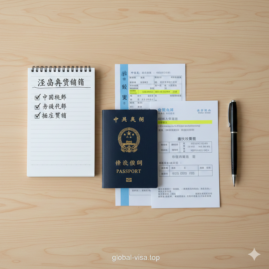 一张俯拍视角的'出行清单'（Flat Lay）风格摄影图。在浅木色的桌面上，整齐摆放着入境济州岛必备的实物材料：一本中国护照、一张打印好的往返机票行程单（重点高亮返程日期）、一份酒店预订确认单（Hotel Voucher）以及一支钢笔。光线为自然侧光，营造出真实、准备充分的氛围。画面一角可以放置一个'Checklist'的记事本图形，上面列有打钩的条目，强调材料准备的完整性，作为教程部分的视觉辅助。