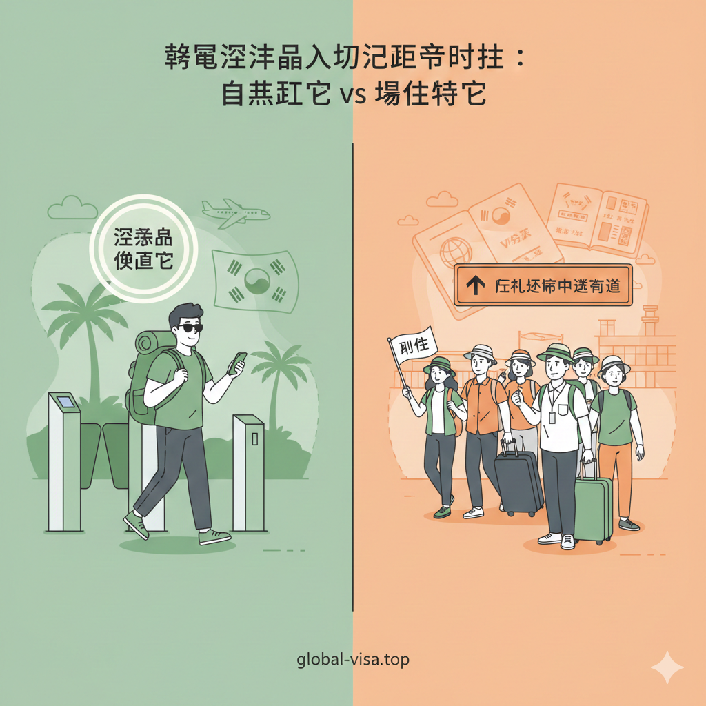 一张对比鲜明的左右分屏插画，展示不同人群的政策差异。左侧展示'自由行游客'，背着背包轻松通过写有'Jeju Only'的闸机；右侧展示'团体游客'，跟随导游旗帜排队。背景融入韩国签证和护照印章的抽象元素。色彩上，左侧使用代表畅通的绿色调，右侧使用代表规则的橙色调。采用现代矢量插画风格，线条流畅，人物形象生动，旨在直观展示个人直飞与团体中转在政策上的区别。