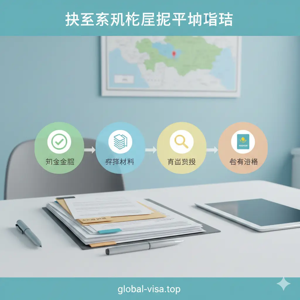 一张清晰的流程指引图片。背景是干净的办公桌面，放着钢笔、平板电脑和整洁的申请文件。画面中利用半透明的UI元素展示从‘资格评估’到‘获得签证’的四个关键步骤图标。视觉风格偏向简约扁平化，色调温和，旨在降低用户对复杂移民流程的心理门槛，引导感强。