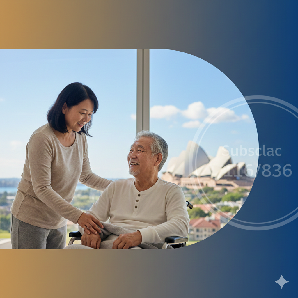 一张充满温情与希望的封面图，画面左侧展示一位亚裔中年人正在家中悉心照顾坐在轮椅上的年迈长者，体现'亲属照顾护理计划'的核心主题。长者面带安心的微笑，背景融合了标志性的悉尼歌剧院或澳洲蓝天景观，象征着在澳大利亚的家庭团聚。画面右侧叠加半透明的签证文件印章效果，上面隐约可见'Subclass 116/836'字样。色调采用温暖的琥珀色与专业的深蓝色渐变，既传递家庭的温暖，又保持移民服务的权威感。