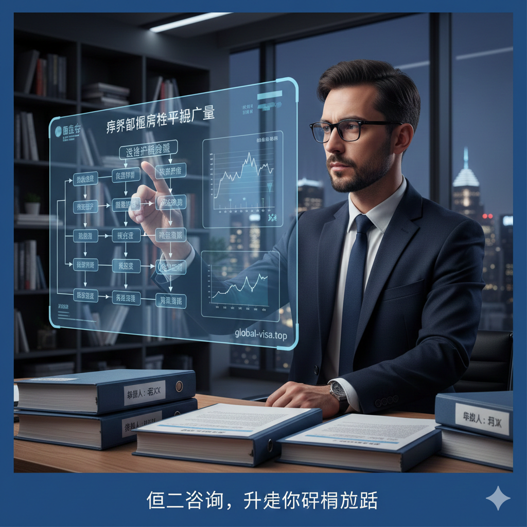 一张展现专业移民顾问服务的总结图。画面特写一位身着正装的专业顾问正在使用高科技显示屏分析复杂的医疗报告和签证排队数据，屏幕上显示'global-visa.top'的Logo以及'亲属照顾护理计划'的审批流程图。桌面上摆放着整理好的申请材料卷宗。背景是现代化的办公室虚化场景，灯光聚焦在文件上，营造出专业、严谨、值得信赖的氛围，引导用户进行下一步的咨询行动。