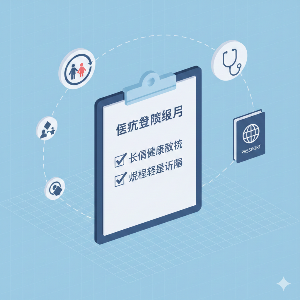 一张具有科技感与条理性的功能解析图，用于展示签证的核心资格。画面中央是一个放大的医疗评估剪贴板，上面列有'Bupa Medical Assessment'（Bupa医疗评估）的字样，并打勾了'长期医疗状况'和'损伤评分'选项。周围环绕着象征亲属关系的连接图标、护照以及听诊器元素。整体采用干净的扁平化或微立体3D风格，背景为淡蓝色的网格纹理，强调'亲属照顾护理计划'中对医疗必要性的严格审核标准。