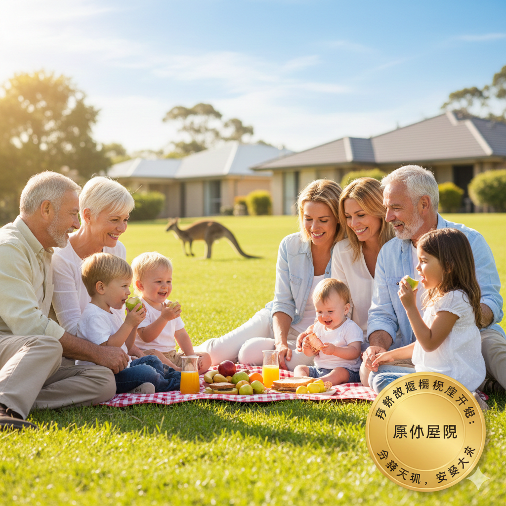 一张展示移民成功后美好生活的优势图。画面描绘了一个多代同堂的家庭在澳大利亚阳光明媚的公园草坪上野餐，背景是模糊的澳洲独栋别墅。重点突出被照顾者健康状况的改善和家庭团聚的快乐。画面右下角叠加一个金色的'Permanent Residency'（永久居留）徽章，象征通过'亲属照顾护理计划'获得的最终身份成果。光线明亮自然，色彩饱和度适中，传递出幸福、安稳的情绪价值。