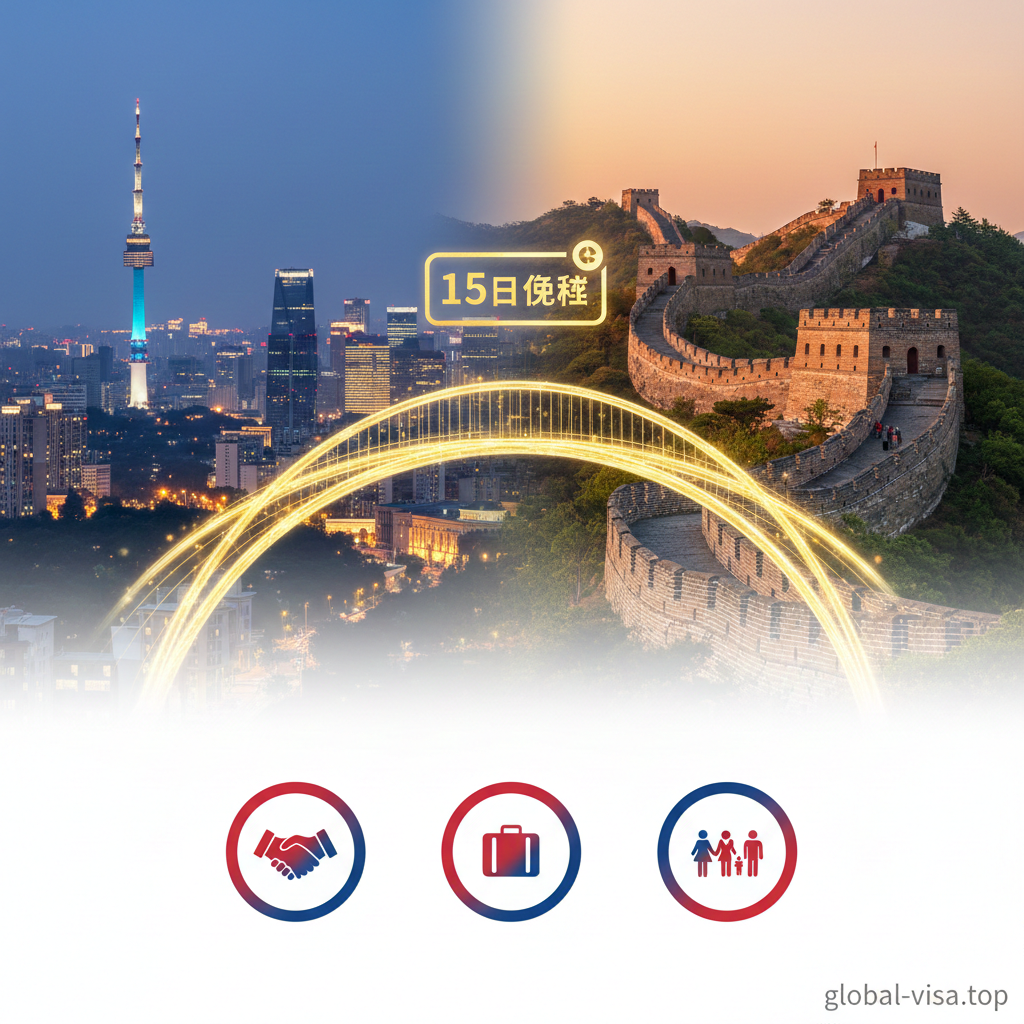 专注于中国对韩免签政策的概念图。画面采用分屏或融合设计，左侧是韩国首尔的地标（如南山塔），右侧是中国北京的地标（如长城或故宫）。中间通过一座发光的金色拱桥连接，桥上漂浮着'15 Days Visa-Free'的图标。画面下方排列着代表'商务'、'旅游'、'探亲'的三个极简风格图标，色彩融合了韩国国旗的红蓝与中国的红色，寓意两国交流的便利化。