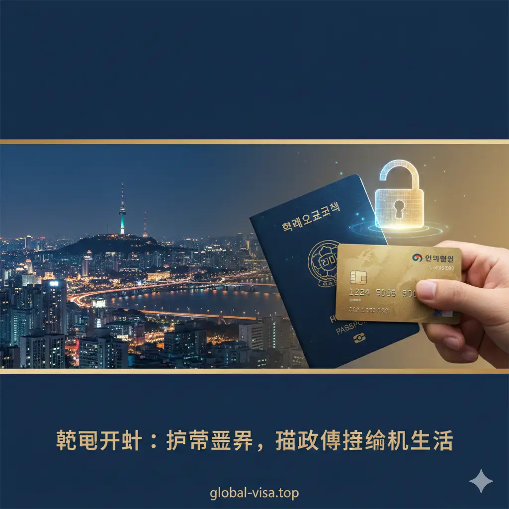 一张极具现代感的金融生活主题封面图。画面左侧展示首尔繁华的城市天际线(如南山塔或汉江景致),右侧特写展示一只手拿着一本标准护照和一张韩国银行借记卡(Check Card),背景悬浮着全息数字锁图标,象征着开启金融权限。色调采用专业信任感强的深蓝色与暖金色的渐变,光线明亮柔和,突出来韩国生活的第一步是解决金融支付问题,视觉上给人以安全、便捷的心理暗示。