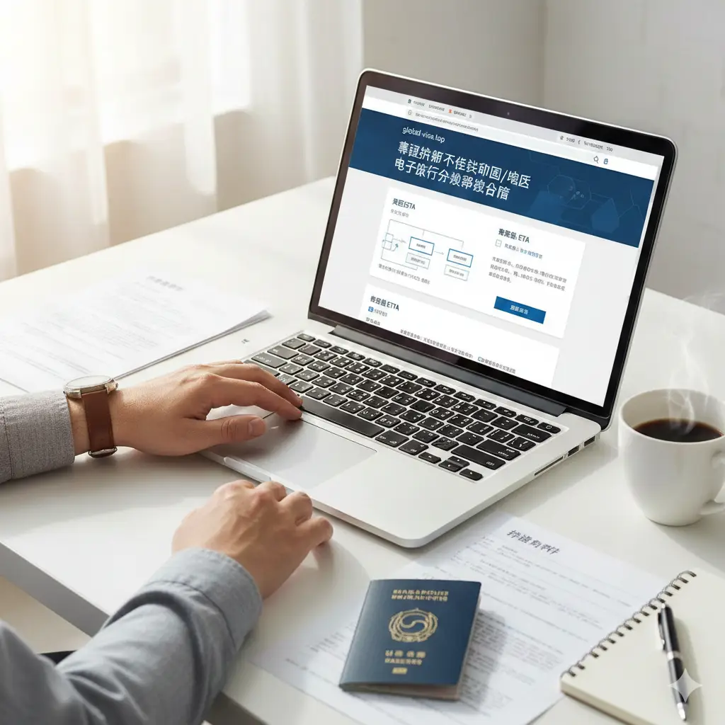 一张直观的电子授权申请教程图。展示一个现代化的办公场景，一只手正在笔记本电脑上操作美国ESTA或澳洲ETA的在线申请页面。电脑屏幕局部模糊，画面侧重展示申请流程的便捷性。周围点缀着咖啡杯和签证申请材料，色彩明亮自然，光影温暖，构图采用斜角俯视，营造出一种专业且易于操作的指引感。