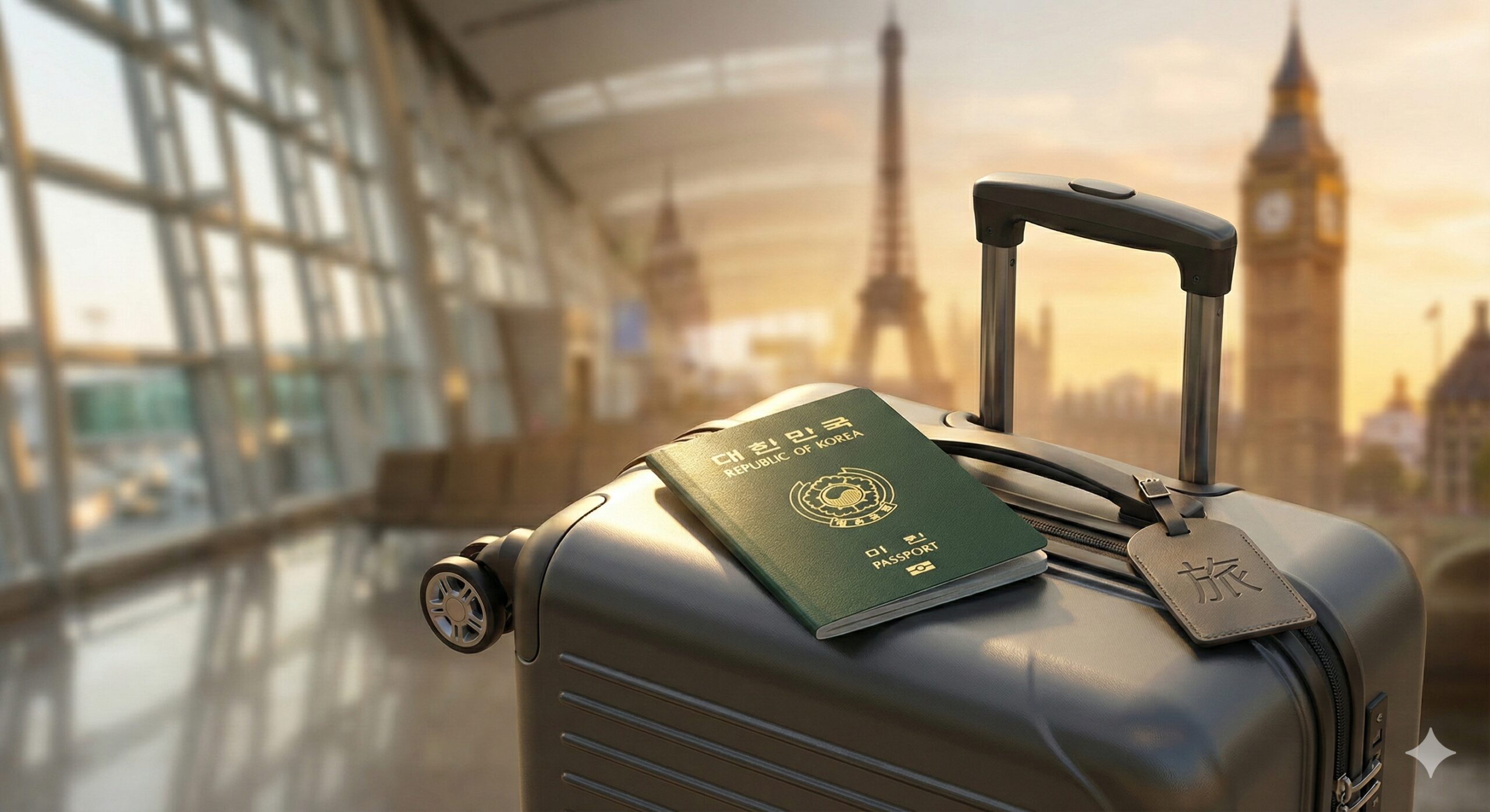 一张极具质感的旅游主题封面图。画面前景清晰展示一本韩国护照（绿色封面，金色国徽）放置在一个时尚的高级登机箱顶部。背景采用虚化处理，融合了现代化的首尔仁川机场航站楼元素与标志性的欧洲建筑剪影（如埃菲尔铁塔或大本钟），象征从韩国到欧洲的旅程。