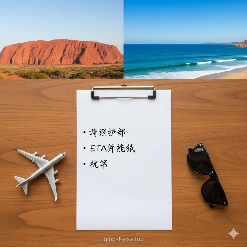总结性视觉图。画面展示一张简洁的旅行清单,放在木质桌面上,清单上写着‘韩国护照’、‘ETA批准信’、‘机票’。旁边摆放着一副墨镜和一架小飞机模型,背景是澳洲著名的红岩或海岸线风景。整体视觉传达出‘万事俱备,即刻出发’的轻松愉悦感,色彩明亮,饱和度高,为文章做完美收尾。