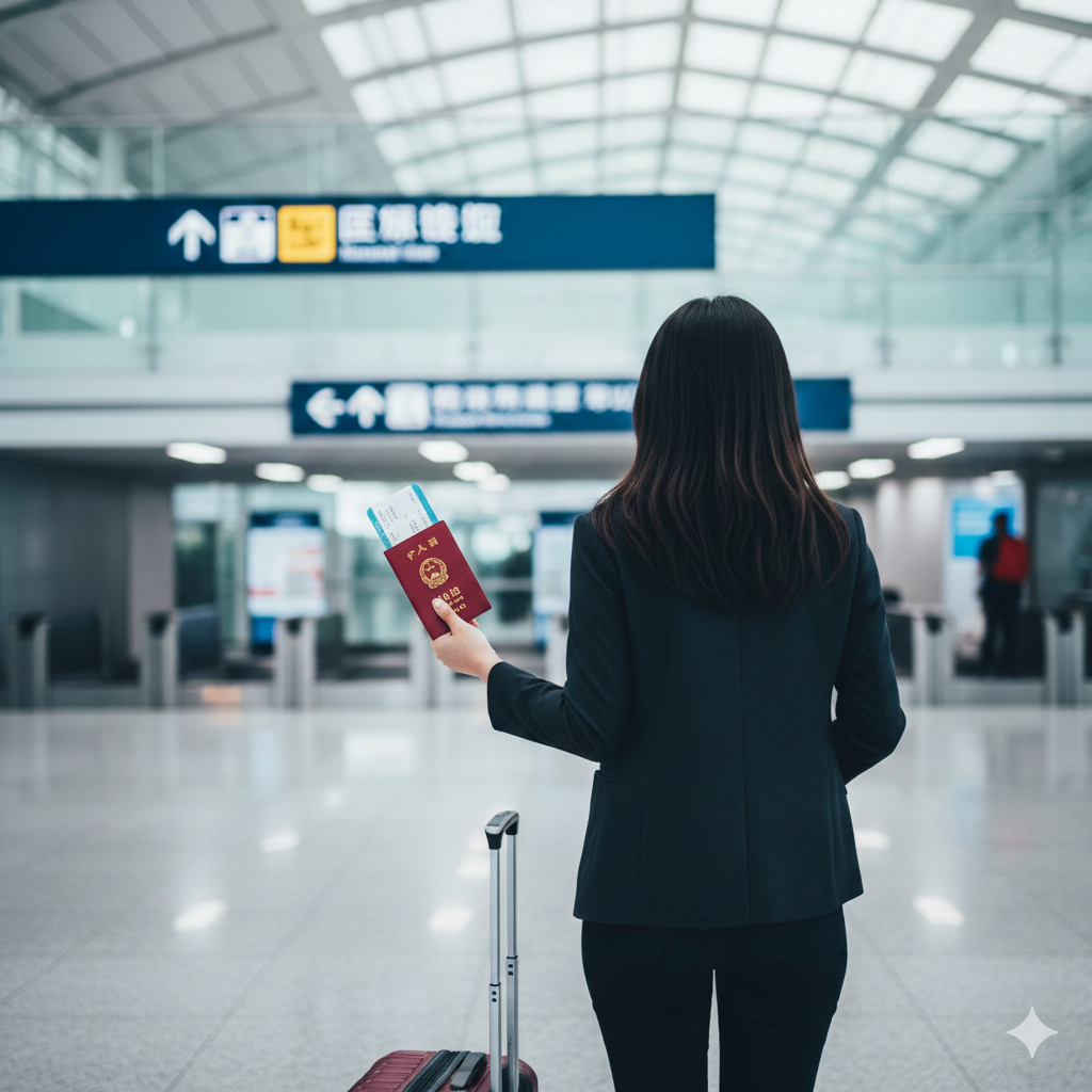 A lifestyle travel photography shot taken inside a modern, bright airport terminal. The image shows the back view of a traveler holding a red Chinese passport and a boarding pass, pulling a sleek suitcase.