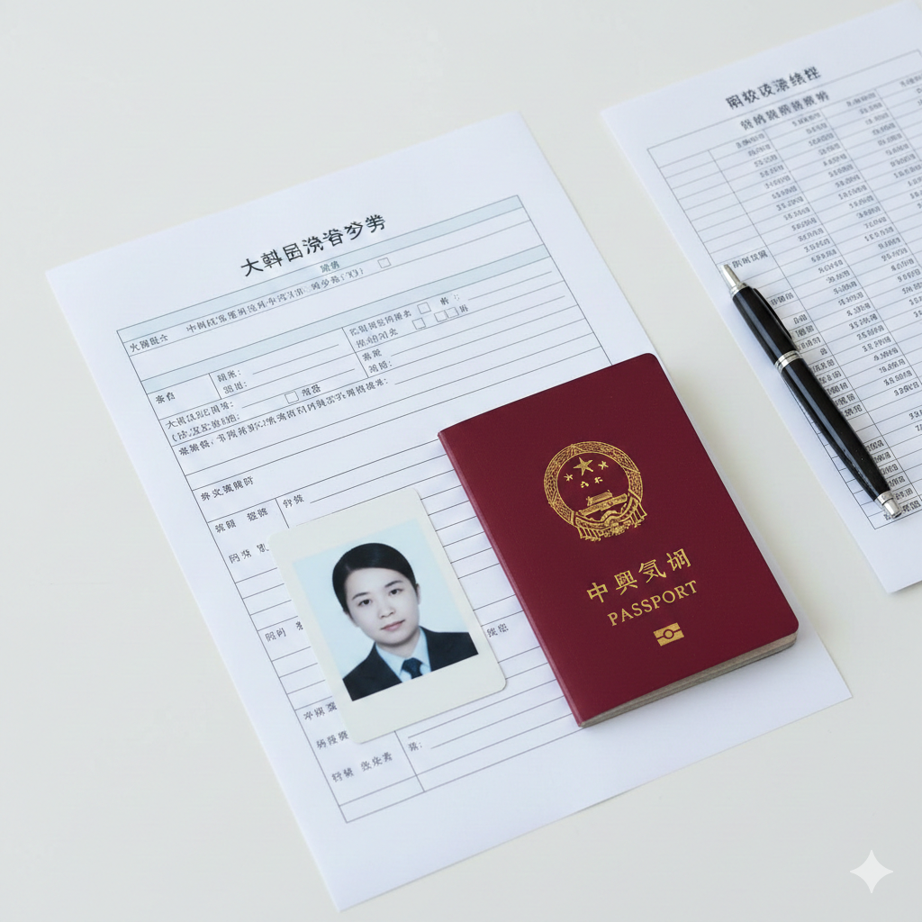 A realistic flat-lay photography composition depicting the preparation of South Korean visa application materials. On a clean white or light grey office desk, neatly arranged items include a Chinese passport, a filled-out visa application form with visible Korean and English text fields.
