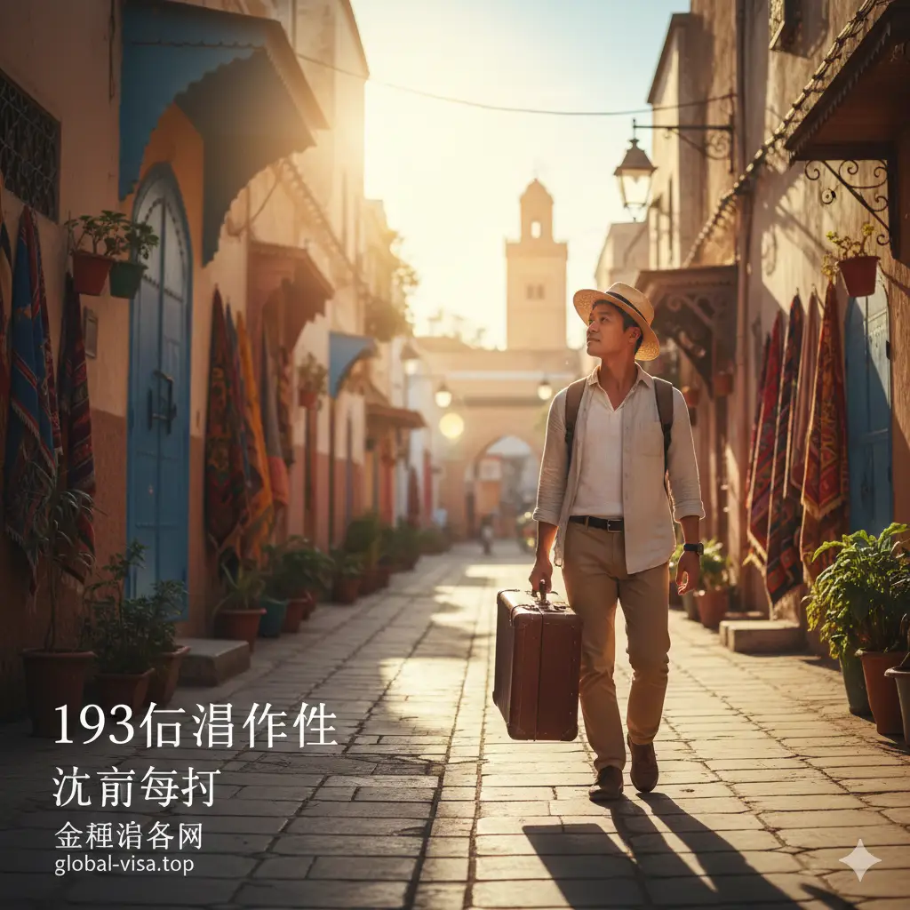文章总结图片,展示一个拎着行李箱的旅行者漫步在充满异国情调的街道,阳光洒在身上。侧面或底部以优雅的排版展示总结要点,如‘193个目的地’、‘注意有效期’等字样。色调温暖、充满希望和自由感,象征着持有强力护照带来的美好生活体验。构图开放,视觉中心点明确,为读者留下深刻的正面印象。