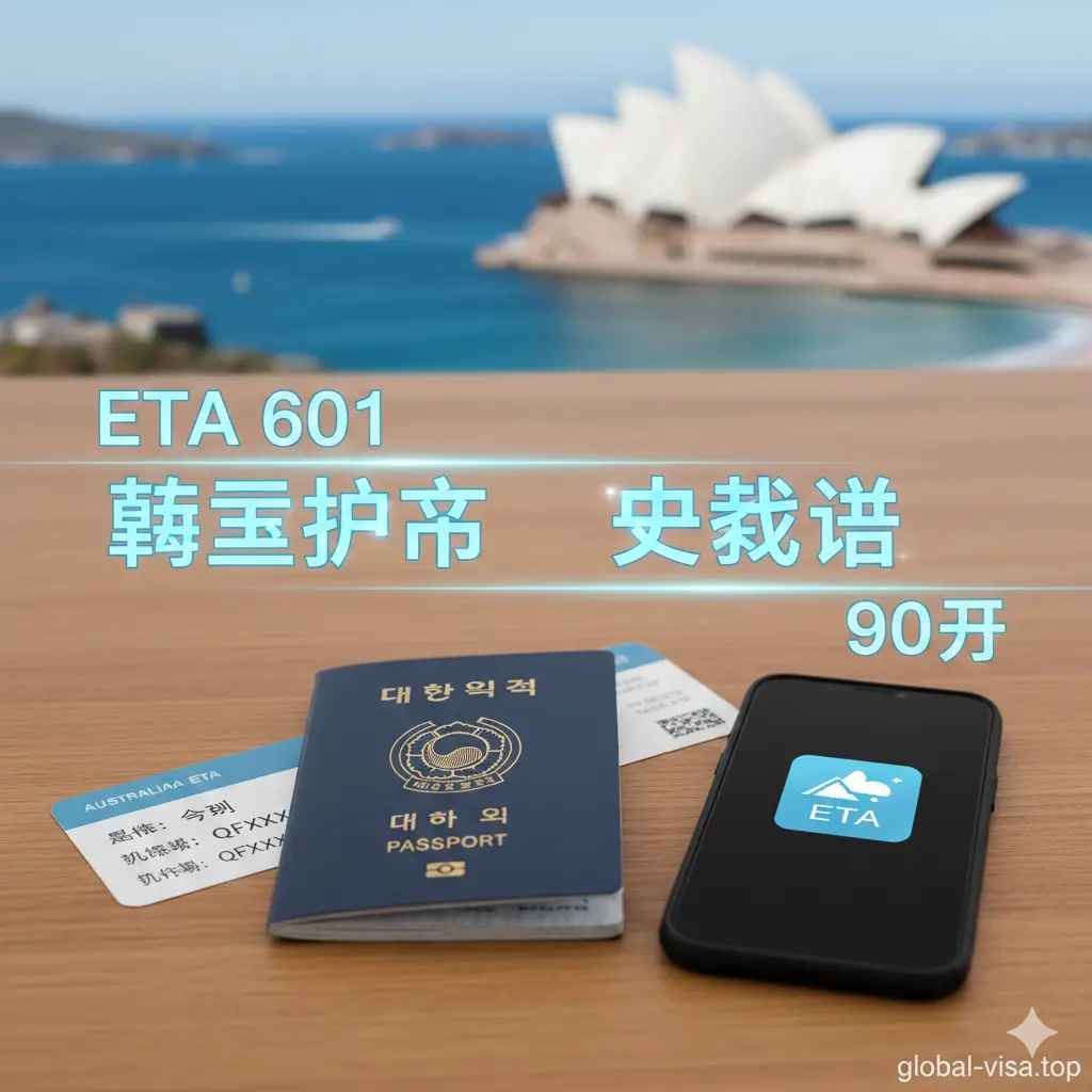 一张高质量的旅游概念摄影图，画面中心是一本清晰的韩国电子护照（大韩民国护照），放置在一张木质纹理的桌面上。护照旁边有一张飞往悉尼的登机牌和一部显示'AustralianETA'图标的智能手机。背景虚化处理，隐约可见标志性的悉尼歌剧院或蔚蓝的澳洲海岸线。画面色调明亮温暖，叠加半透明的'ETA 601'和'90 Days'全息科技感文字元素，直观传达持有韩国护照申请澳洲90天电子签证的主题，营造出轻松出行的氛围。