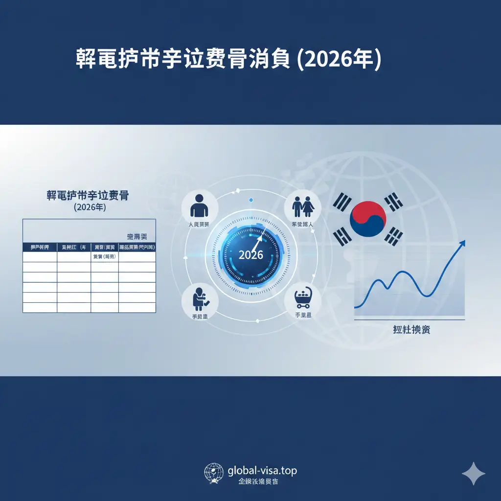 一张具有现代感的信息可视化图片。中心是一个发光的3D数字刻度盘，指向'2026'，周围环绕着代表不同护照类型的图标，如成人、未成年人和幼儿。背景融合了韩国外交部的标志性元素。色彩方案以商务蓝和极简白为主，展示货币汇率转换的图形元素，体现global-visa.top站点提供的数据精准、分类清晰的特性。
