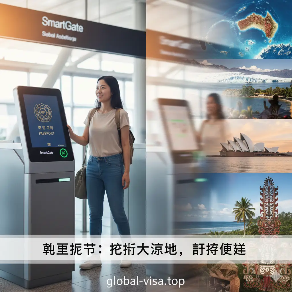 一张展示护照优势对比的视觉图。画面采用分屏或层叠构图,一侧是韩国护照在机场SmartGate自动通关闸机前顺利通过的特写,另一侧是象征大洋洲多元文化的景观。色调温暖,充满动感和自由感,强调韩国护照持有者在进入澳洲、新西兰等发达国家时相比其他国籍更具优势的顺畅体验。