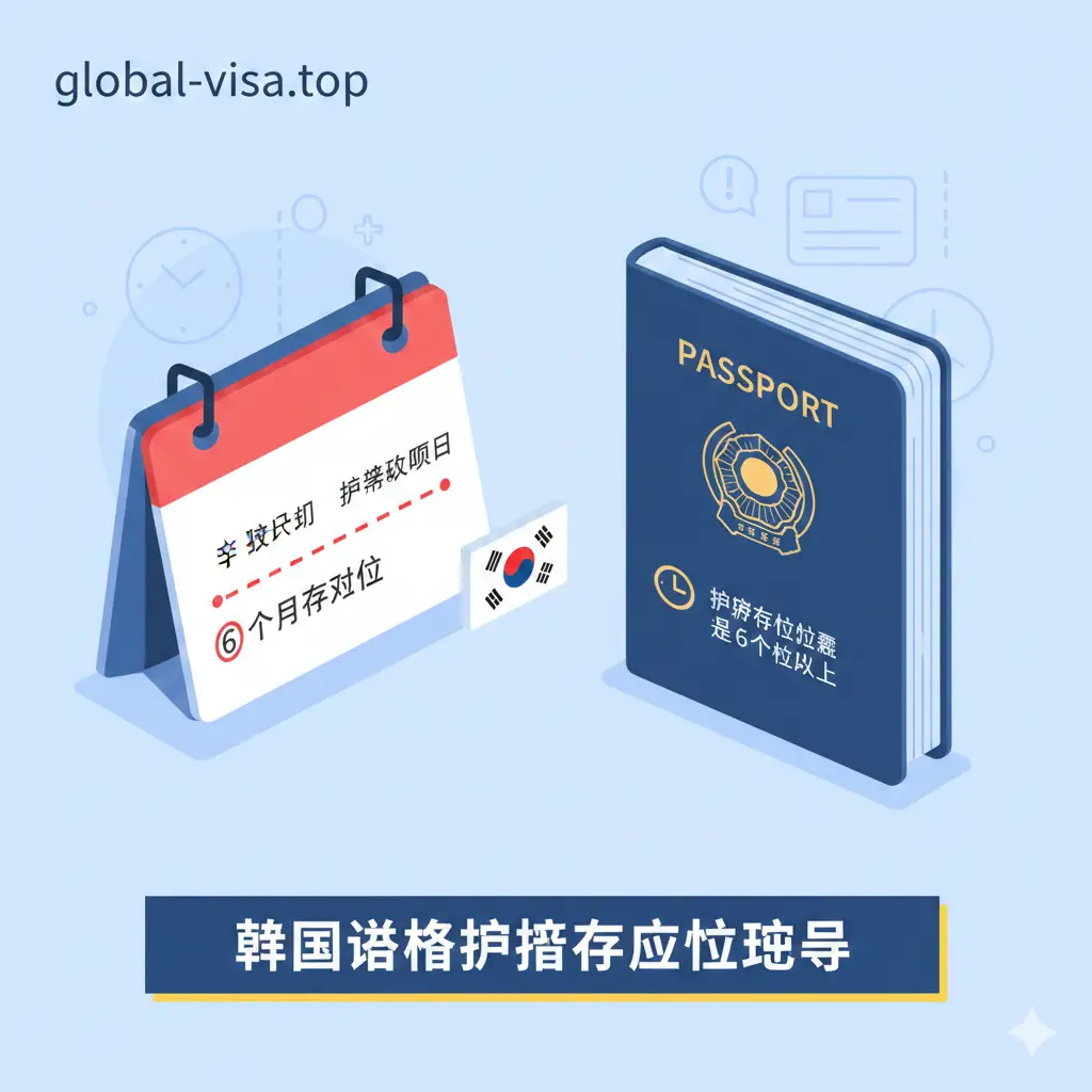 一张展示核心功能与规则的插图。左侧是一个立体的日历,右侧是一本翻开的护照。日历上清晰地勾勒出从申请日到过期日之间6个月的跨度,并用醒目的红色虚线连接。画面采用简洁的扁平化商务风格,使用浅蓝色作为主色调,点缀警示色。包含韩国国旗元素和时钟图标,强调时间核算的精准性和紧迫性,帮助用户快速理解‘6个月’的标准。