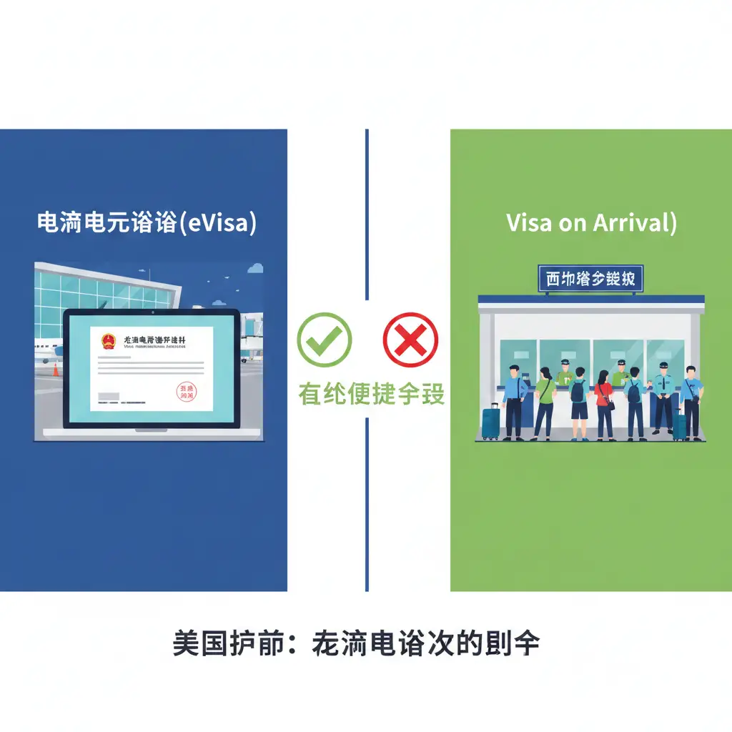 一张对比风格的插画。左半部分代表电子签（eVisa），展示笔记本电脑显示器上的老挝签证批准函；右半部分代表落地签（Visa on Arrival），展示口岸柜台和排队的人群。