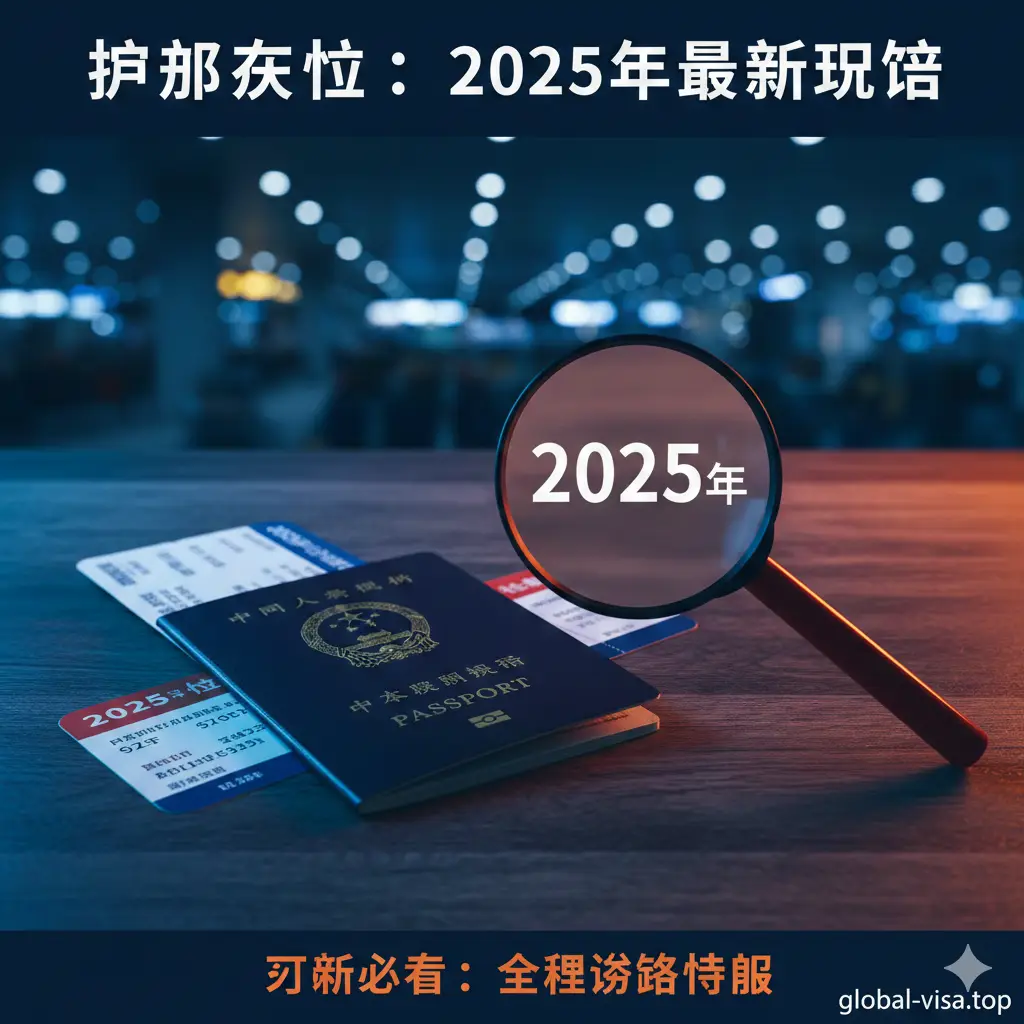 一张高质量的特写摄影图，展示一本放置在木质桌面上的护照，旁边是一张飞往国际目的地的登机牌和标有2025年的台历。一个红色的放大镜焦点落在护照的‘有效期至’（Date of Expiry）一栏上，视觉上强调时间紧迫感。背景模糊处理，带有机场候机大厅的虚化灯光，整体色调为专业的深蓝色与警示的橙色搭配，突显‘出行前检查’的紧迫性与重要性。