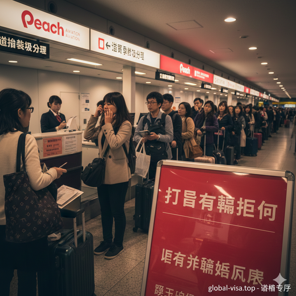 一张写实风格的机场场景图，聚焦于廉价航空（如乐桃或春秋航空）的柜台前。画面前景是一个醒目的“Baggage Re-check”（行李重新托运）指示牌，背景是正在排队办理值机的旅客。图片色调略带紧迫感，旨在视觉化“非联程陷阱”，强调必须入境提取行李的高风险场景，警示用户。