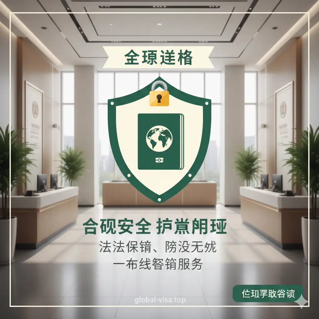 总结图片传达合规与安全的核心信息。画面中心是一个带有安全锁扣的盾牌图标,盾牌内包裹着护照剪影,强调法律保障和隐私保护。背景是整齐有序的政府服务大厅或高端咨询中心,色调以柔和的米白色和森林绿为主,营造安全、安心的氛围。构图稳定对称,给人一种圆满结语的感觉,并引导用户进行最后的预约咨询。