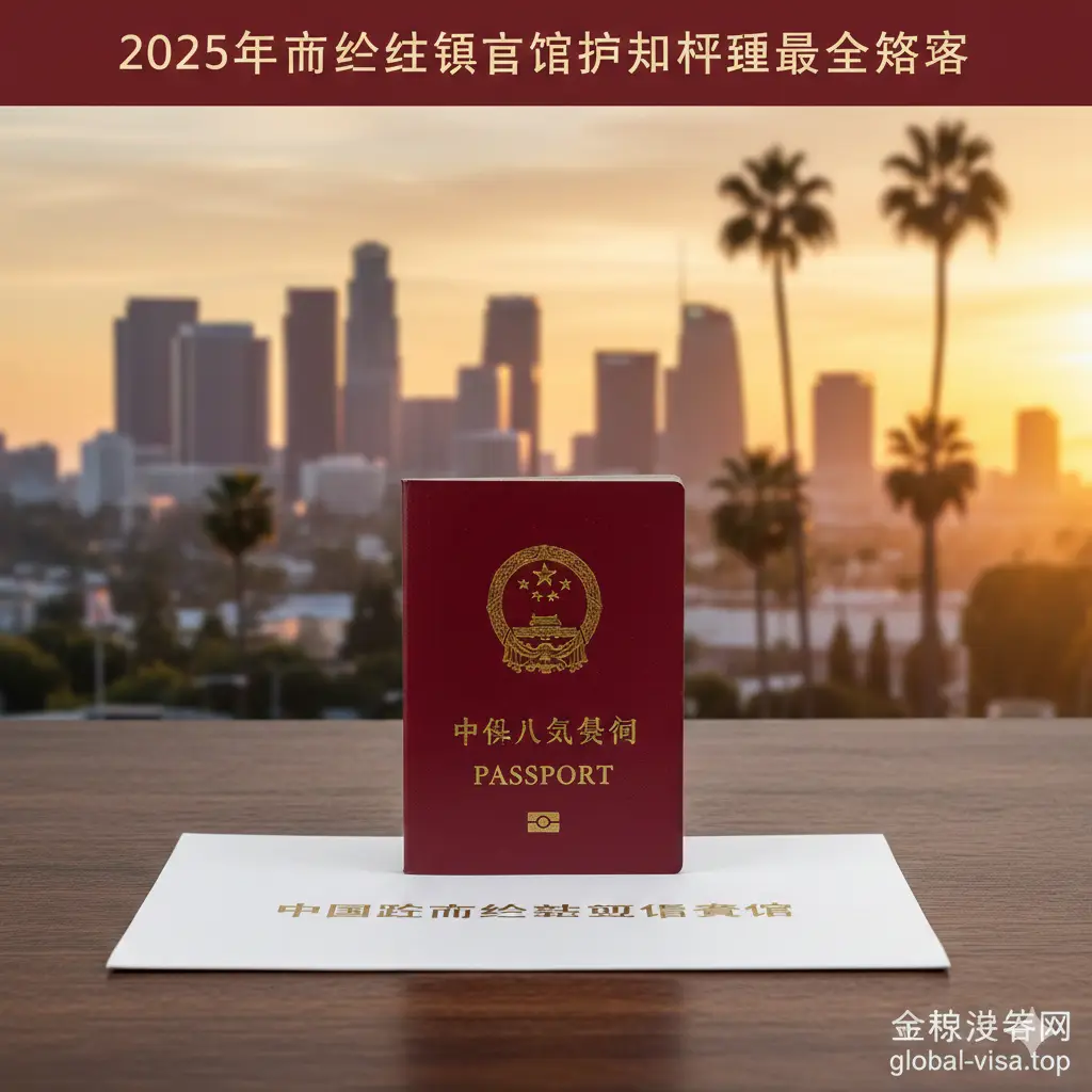 一张极具权威感与地域特色的封面图。画面中心是一本高清晰度的中国护照（红色封面，金色国徽清晰可见），置于一张整洁的木质桌面上。背景虚化处理，隐约展示洛杉矶标志性的城市天际线或棕榈树剪影，象征洛杉矶领区。光线为温暖明亮的自然光，整体色调为深红与金色的搭配，营造出正式、高端且值得信赖的视觉氛围，适合作为2025年护照更新攻略的头图。