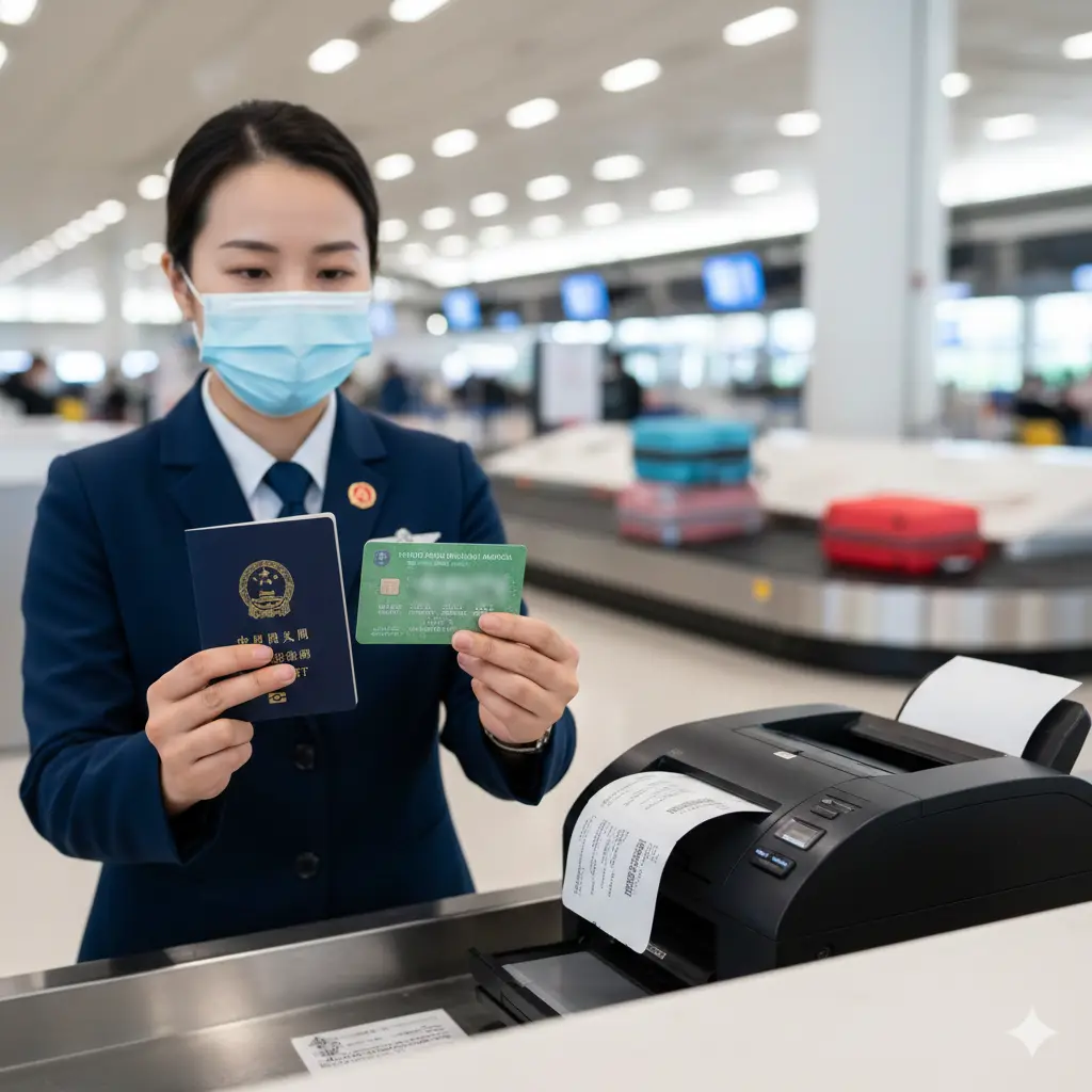 展示航空公司登机检查功能场景的图片。一名身着制服的航司地勤人员正在柜台前认真核对旅客的证件。特写镜头展示地勤人员的手正拿着一本护照和一张绿卡，背景中有登机牌打印机和行李传送带。画面强调‘双证件核验’的重要性，色彩鲜明，对比度适中，风格偏向实景摄影，体现出航空公司执行国际民航组织（IATA）标准的严谨性。