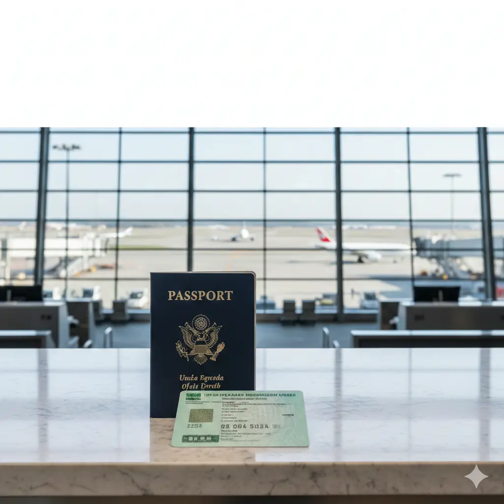 一张高质量且具有商务旅行氛围的封面图。画面中心聚焦于一本深蓝色的美国护照和一张绿色的美国永久居民卡（绿卡），它们整齐地叠放在一张干净的机场大理石服务台上。背景是略微虚化的国际机场航站楼落地窗，可以看到远处的飞机跑道和待发的客机。光线柔和且自然，色调以蓝色、白色和绿色为主，传达出权威、专业且严谨的视觉感受，画面上方留有一定的留白方便添加标题文字。