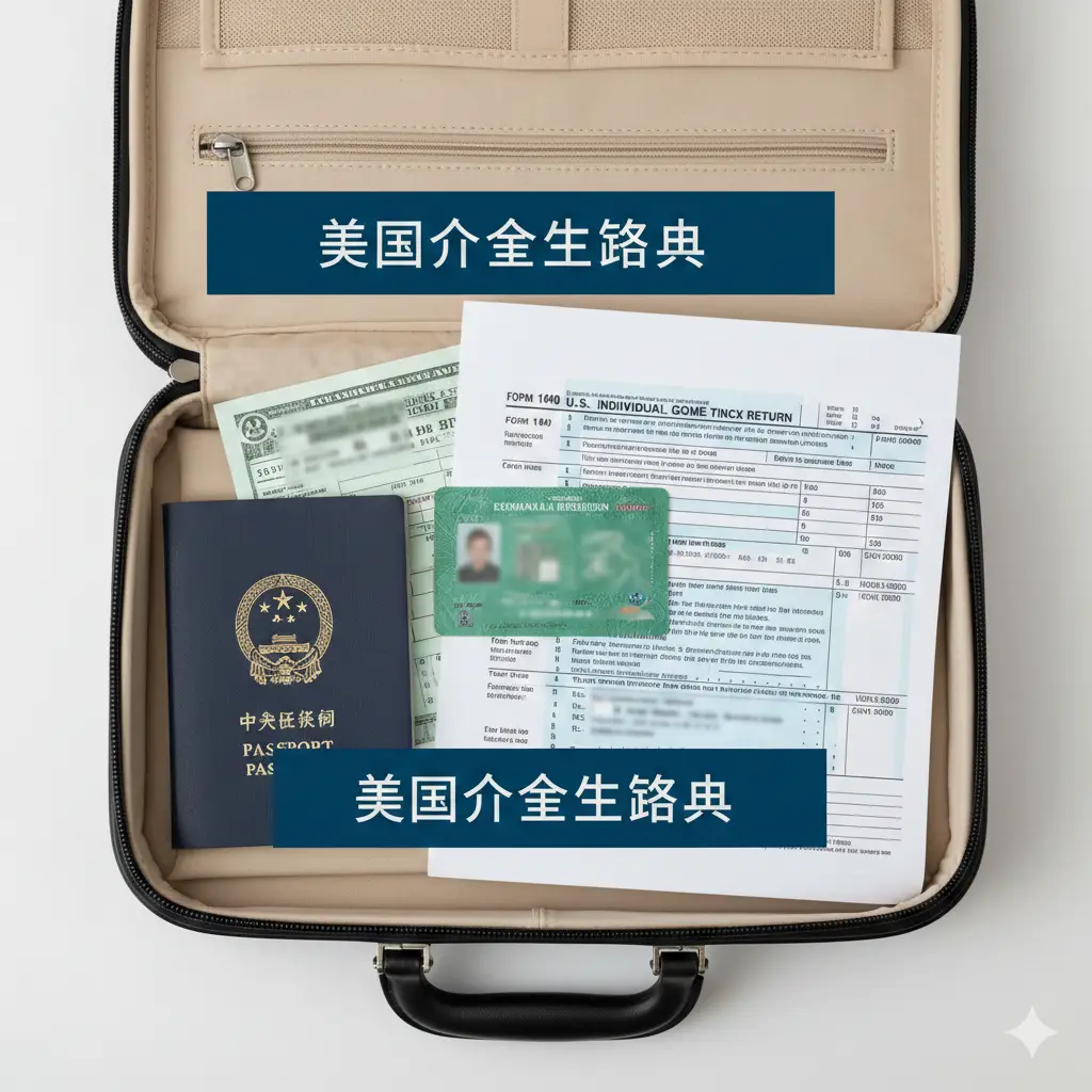 体现多重身份保障优势的视觉图。画面展示一个整洁的旅行公文包，里面有序地插着护照、绿卡、纳税申报表（1040表）以及美国的银行账单。整体采用俯拍构图，光影柔和，营造出一种‘万无一失’的准备感。这种多证据组合展现了绿卡持有者维持永久居留意图的优势，视觉色调统一，给人以专业、安心和信赖的心理暗示。