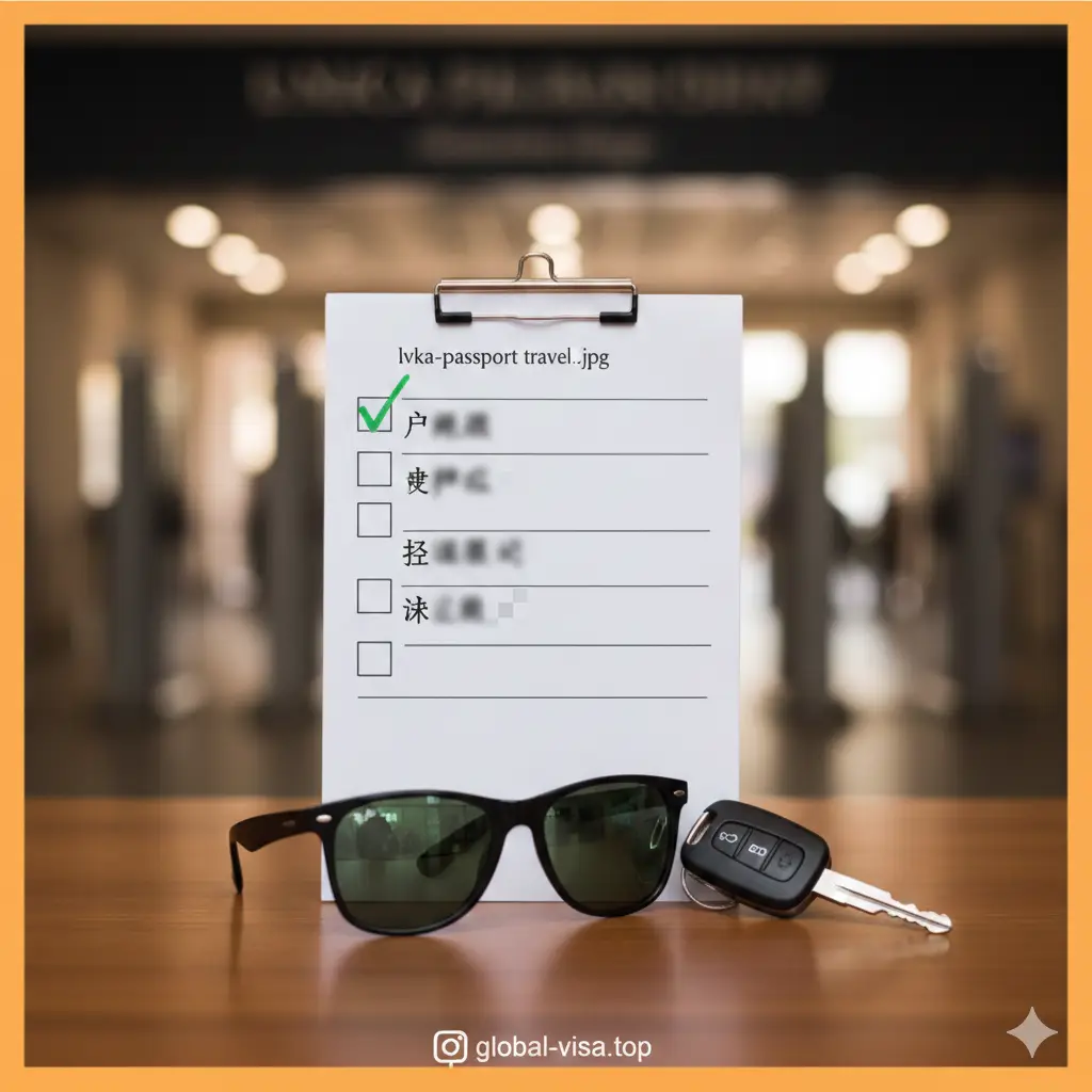 文章总结性图片。画面中心是一个带有‘CHECKED’勾选标记的旅行清单，清单内容模糊可见‘Passport’和‘Green Card’字样。旁边放着一副墨镜和一把开启的车钥匙，背景是一个通往美国海关入境大厅的通道缩影。色调明亮温暖，象征着通关顺利。构图精炼，通过简约的视觉符号总结全文核心：即‘绿卡+护照’是确保2025年入境美国无忧的最佳组合方案。