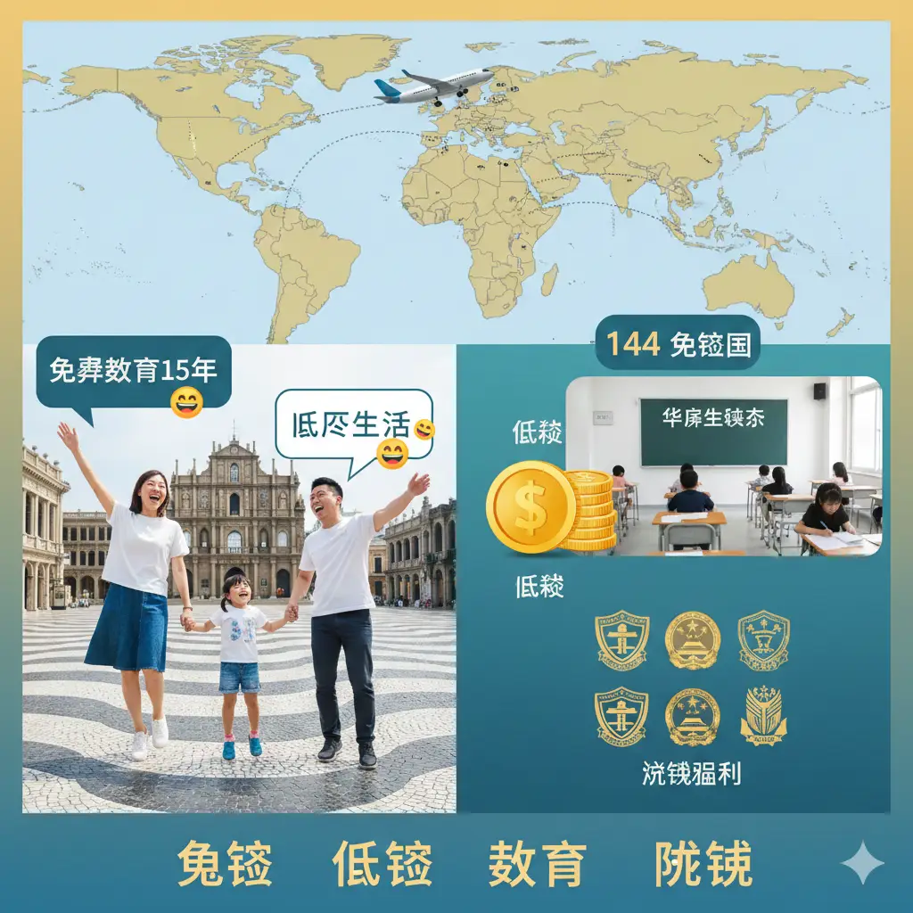 展示澳门身份优势的视觉图。画面左侧展现一个快乐的家庭在澳门标志性建筑前，体现15年免费教育和低生活压力的幸福感；右侧展示华侨生联考的考场意向图或名校校徽。画面上方飞过一架飞机，并在地图上画出144个免签国的连线。色彩明快温暖，充满阳光感，重点突出‘免签、低税、教育、派钱’四大核心优势，给观者强烈的吸引力。