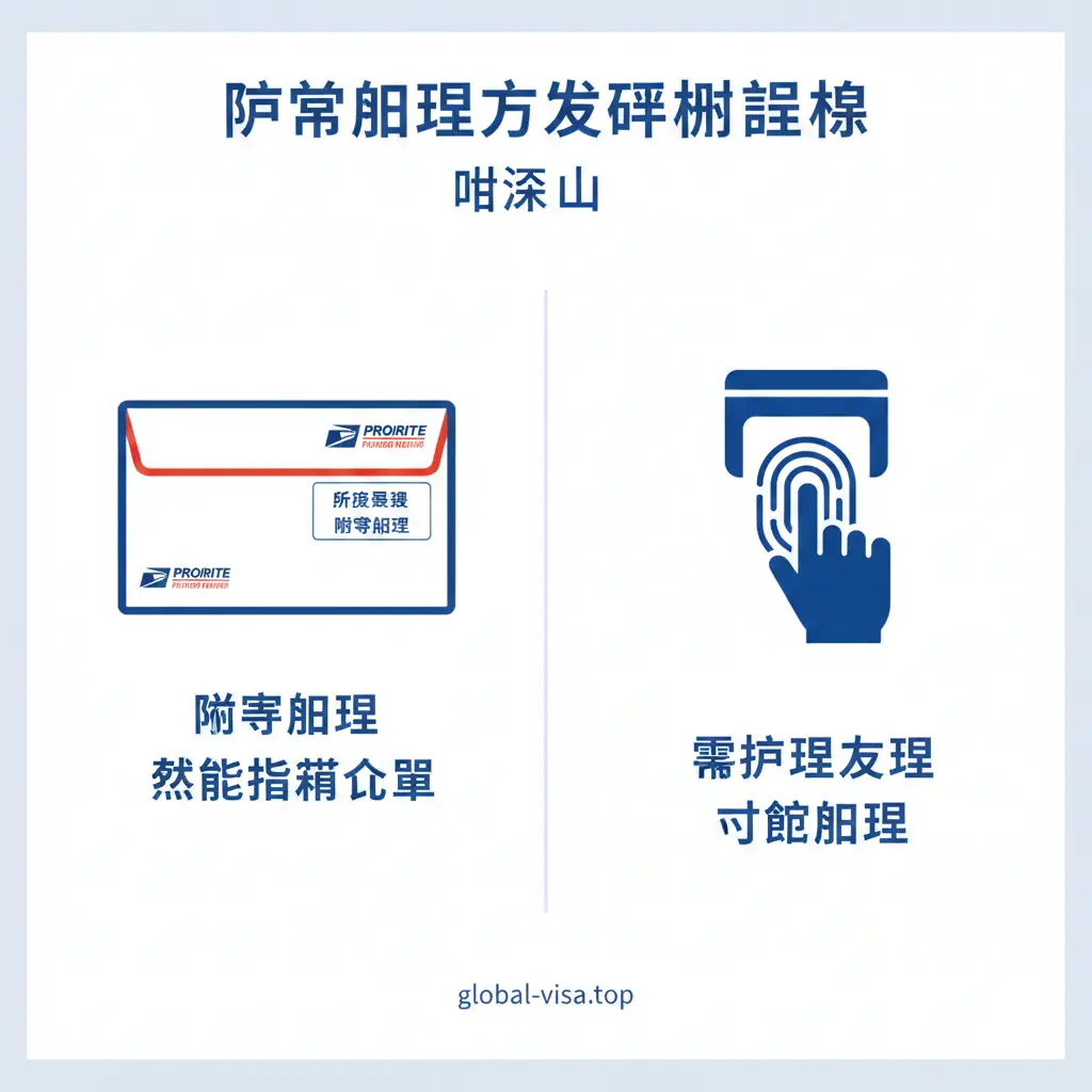 一张概念对比图，直观展示'邮寄办理'与'到馆办理'的决策分歧。画面左侧展示一个带有美国邮政USPS标志的优先快递信封，代表便捷的邮寄方式；画面右侧展示指纹扫描仪的图标或剪影，代表需要采集指纹的到馆办理。中间用清晰的分隔线或天平平衡，视觉风格简洁、扁平化。