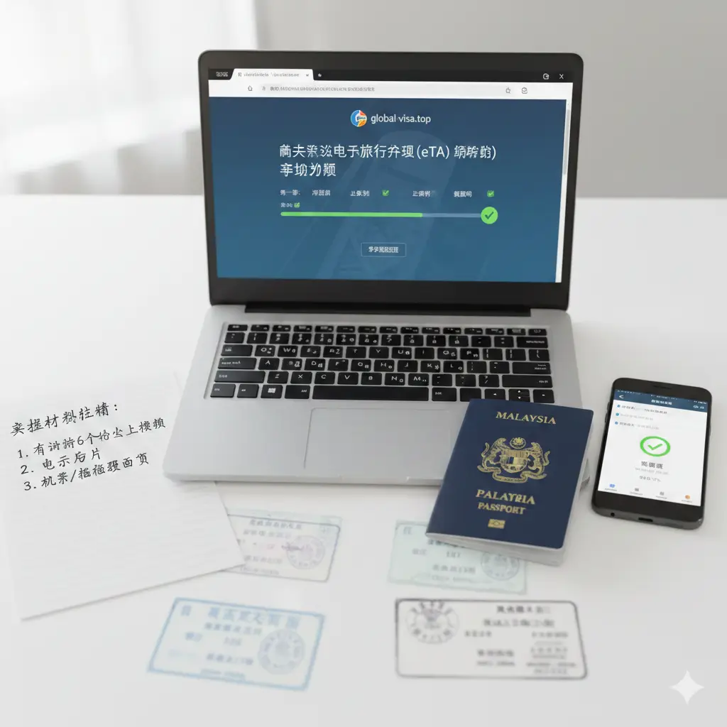 一张具有引导性的教程风格图片。画面展示了一个整洁的办公桌面,放着笔记本电脑、马来西亚护照和智能手机。手机屏幕上正显示着电子旅行授权(eTA/ESTA)的申请界面进度条。背景中隐约可见护照入境盖章的印记。