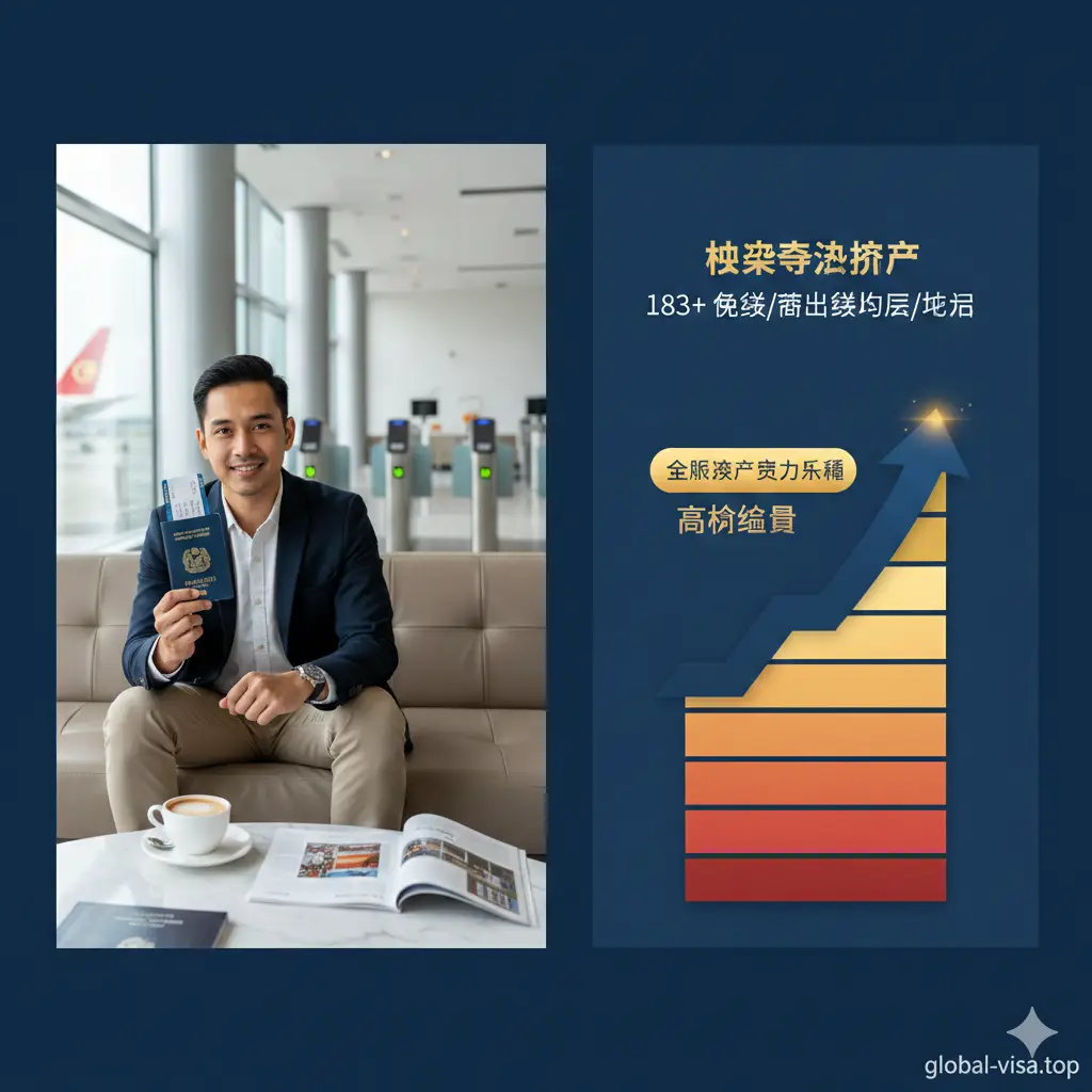 一张对比鲜明的优势展示图，采用左右分割构图。左侧展示马来西亚护照在机场VIP休息室的场景，表现出精英感和通行的自由；右侧则是全球护照实力的梯度排名抽象图表。画面使用对比色强调‘183+免签地’的优势。元素包含旅行者自信的微笑、高质感的登机牌和整洁的边检柜台，突显大马护照的高含金量和国际地位。