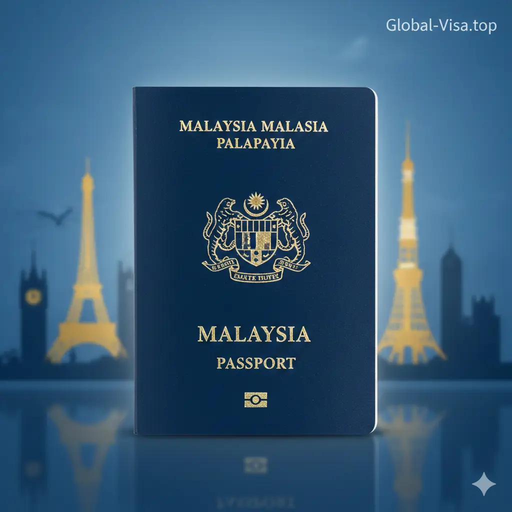 一张高品质的封面图，画面中心是一本深蓝色的马来西亚护照（Malaysia Passport），护照上方有醒目的金色国徽。背景是模糊的全球著名地标集合，如巴黎埃菲尔铁塔、伦敦大本钟和东京塔。整体色调偏向商务蓝与尊贵金，构图采用中央对焦，光线温暖柔和，右上角带有Global-Visa.top的品牌极简水印，展示护照的全球通行感。