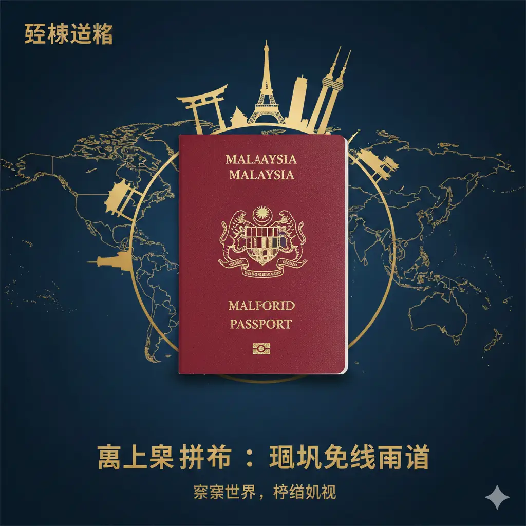一张高品质且极具现代感的封面图。画面中央是一本清晰可见的马来西亚红色护照,放置在精致的深蓝色世界地图背景上。护照周围环绕着标志性的全球地标,如埃菲尔铁塔、日本神社和吉隆坡双子塔。整体色调偏向高端商务金和深蓝,光影效果明亮,构图采用黄金分割比例,旨在突显马来西亚护照的国际地位和含金量。