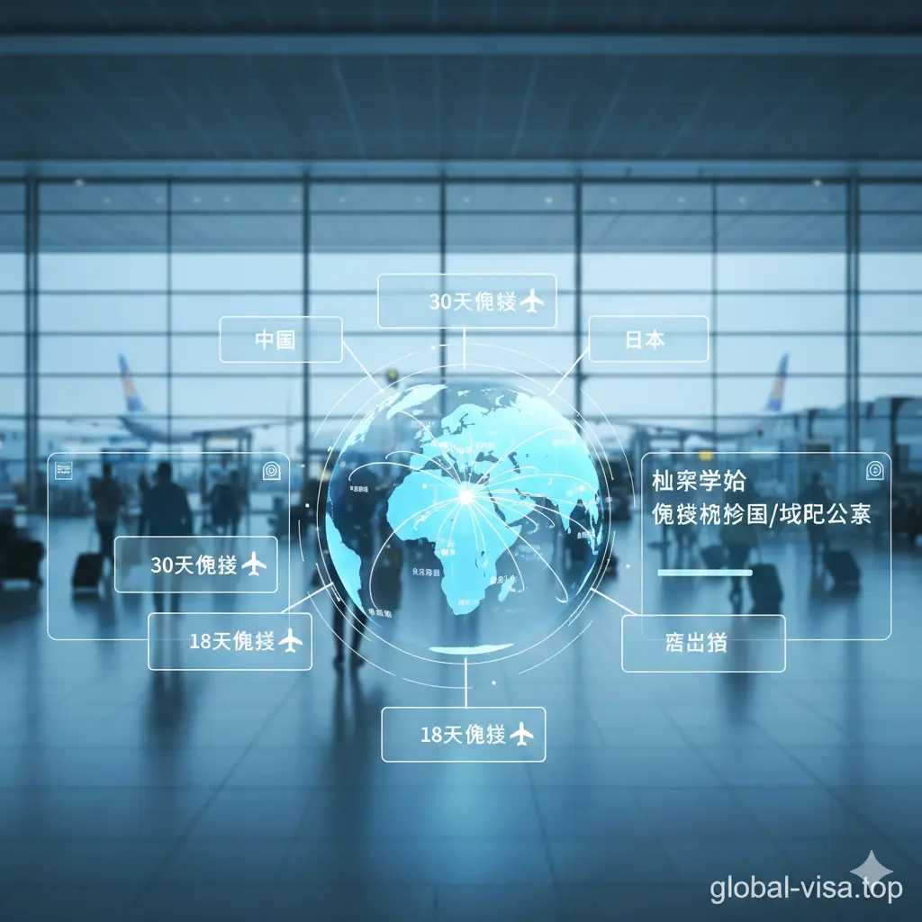 一张展示全球旅行功能的示意图。背景为模糊的机场出发大厅,前景是一个发光的数字化地球仪,上面标注了通往中国、日本、欧洲等地的航线。画面侧边悬浮着类似UI界面的半透明卡片,列出了‘30天免签’、‘90天免签’等字样,体现马来西亚护照持有者在全球范围内通行的便利性,色彩明快且具有科技感。