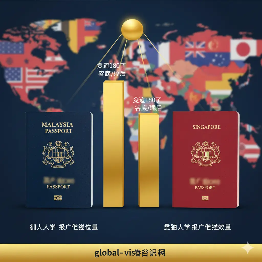 一张对比优势的视觉化图表。画面左侧展示马来西亚护照,右侧展示新加坡护照,背景由不同国家的国旗抽象纹理组成。中间通过上升的金色柱状图展示两者在180+个国家免签的强大实力。