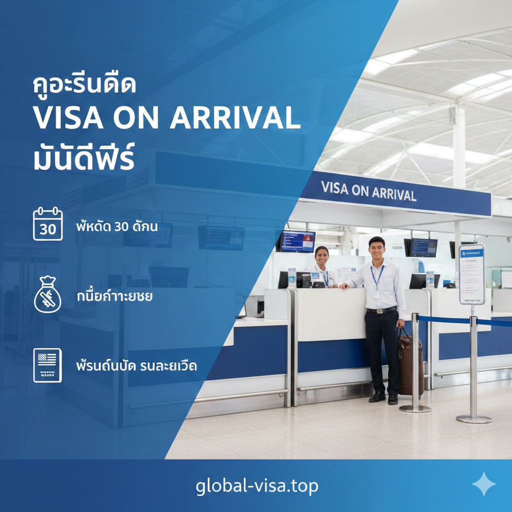 An infographic-style image showing the arrival hall of Velana International Airport in Maldives. The visual highlights the 'Visa on Arrival' counter with friendly immigration officers. Icons representing '30 Days Stay', 'Free of Charge', and 'US Passport' are overlaid elegantly. The color palette is professional with blue and white tones, matching the global-visa.top branding, creating a trustworthy and informative atmosphere.