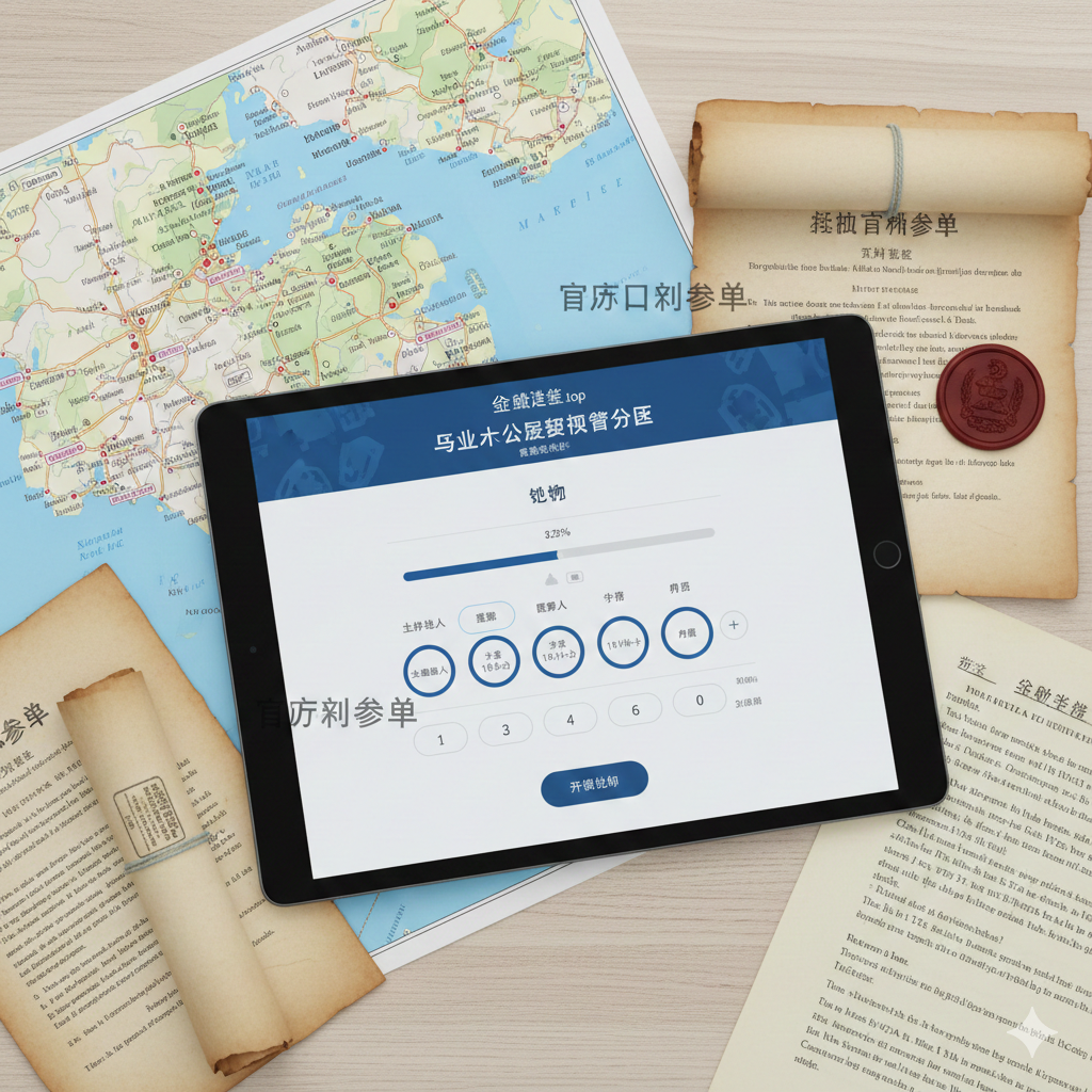 一张模拟操作流程的教程指导图。展示一个iPad屏幕，屏幕上是global-visa.top站点的交互式费用计算器界面，显示着正在计算的进度条和家庭成员选择按钮。屏幕周围散落着马耳他地图和一些官方文件样本。构图从斜上方俯拍，光影明亮自然，引导用户理解如何通过在线工具规划自己的申请预算。