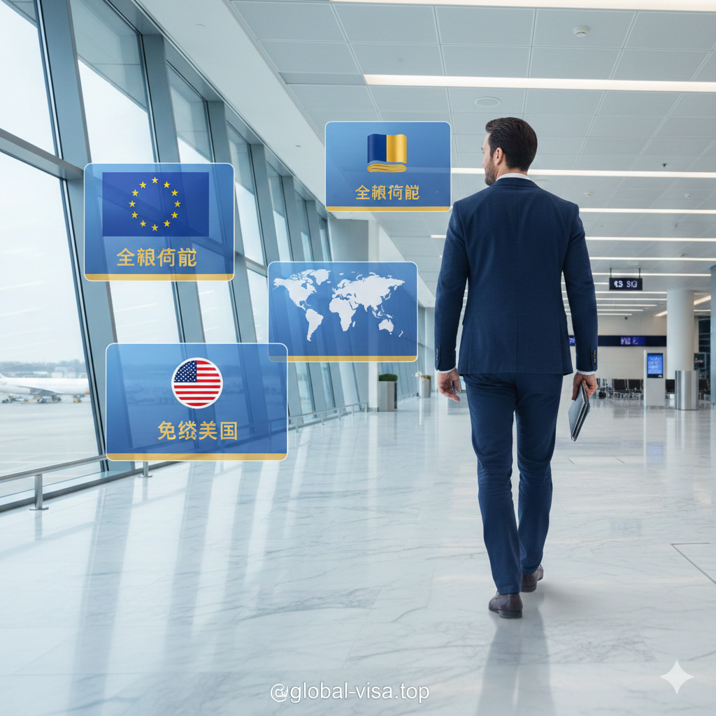 一张表现马耳他护照优势的视觉图片。画面展现一名身着商务休闲装的成功人士，在充满现代感的欧洲机场贵宾厅自由穿行的背影。背景通过半透明浮窗展示欧盟旗帜、世界地图以及免签美国等关键标签。构图开阔，色彩明快，充满动感与自由感，体现马耳他护照带来的全球流动性和身份价值。