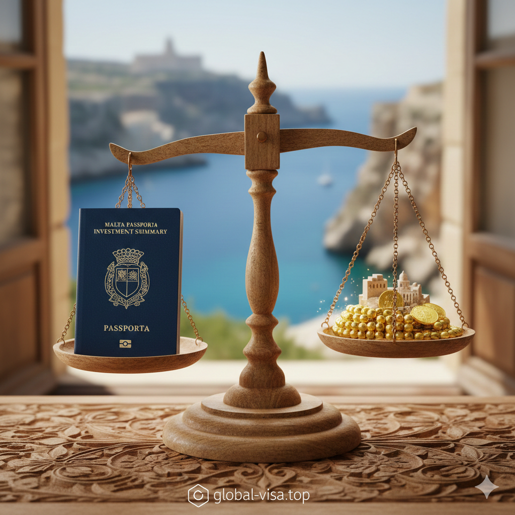 一张极简主义的总结图。画面中心是一个精致的木质天平，一端是马耳他护照，另一端是象征财富与未来规划的金色算珠。背景是模糊的马耳他地中海窗外景色。构图平衡对称，下方带有global-visa.top的极简Logo水印。色调温润，传达出‘明智投资，世代获益’的总结性意境，引导用户进行最后的咨询决策。