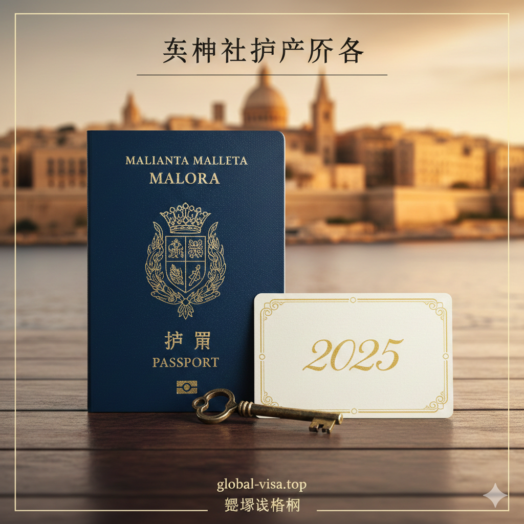 一张极具奢华感的封面图。画面中心是一本深蓝色的马耳他护照，带有精致的金色国徽压纹，旁边放置着一把复古的金钥匙和一张写有'2025'字样的精致卡片。背景是马耳他瓦莱塔古城的黄昏美景，金色阳光洒在海面上。构图采用大光圈虚化背景，突出护照纹理，色调以金、蓝、白为主，彰显高端资产配置的专业感与尊贵感。