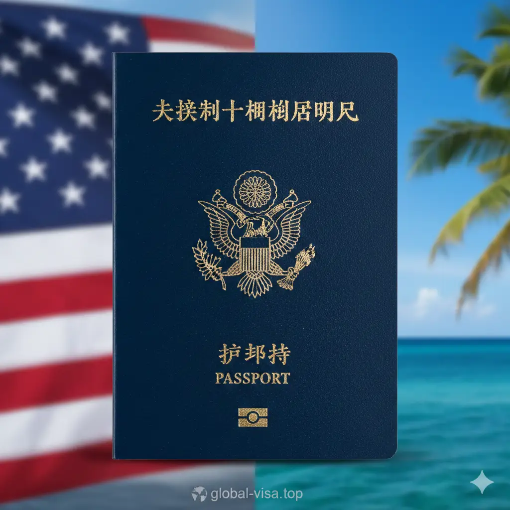 一张极具商务高级感的封面图片。画面中央是一本精致的马绍尔护照封皮，背景左侧是美国国旗，右侧是马绍尔群岛的蔚蓝海景，象征两国特殊的自联协议。色调以深蓝色和金色为主，构图采用微距摄影风格，光影流转在护照表面的烫金纹路，展现出高端、权威且可信赖的视觉氛围。